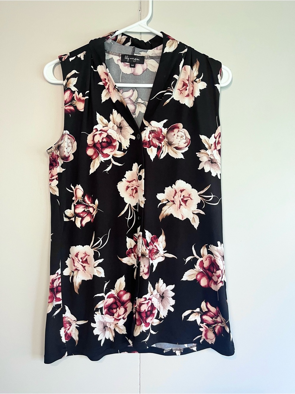 Lily Morgan Sleeveless Floral Blouse Black Burgundy Cream V-Neck, small